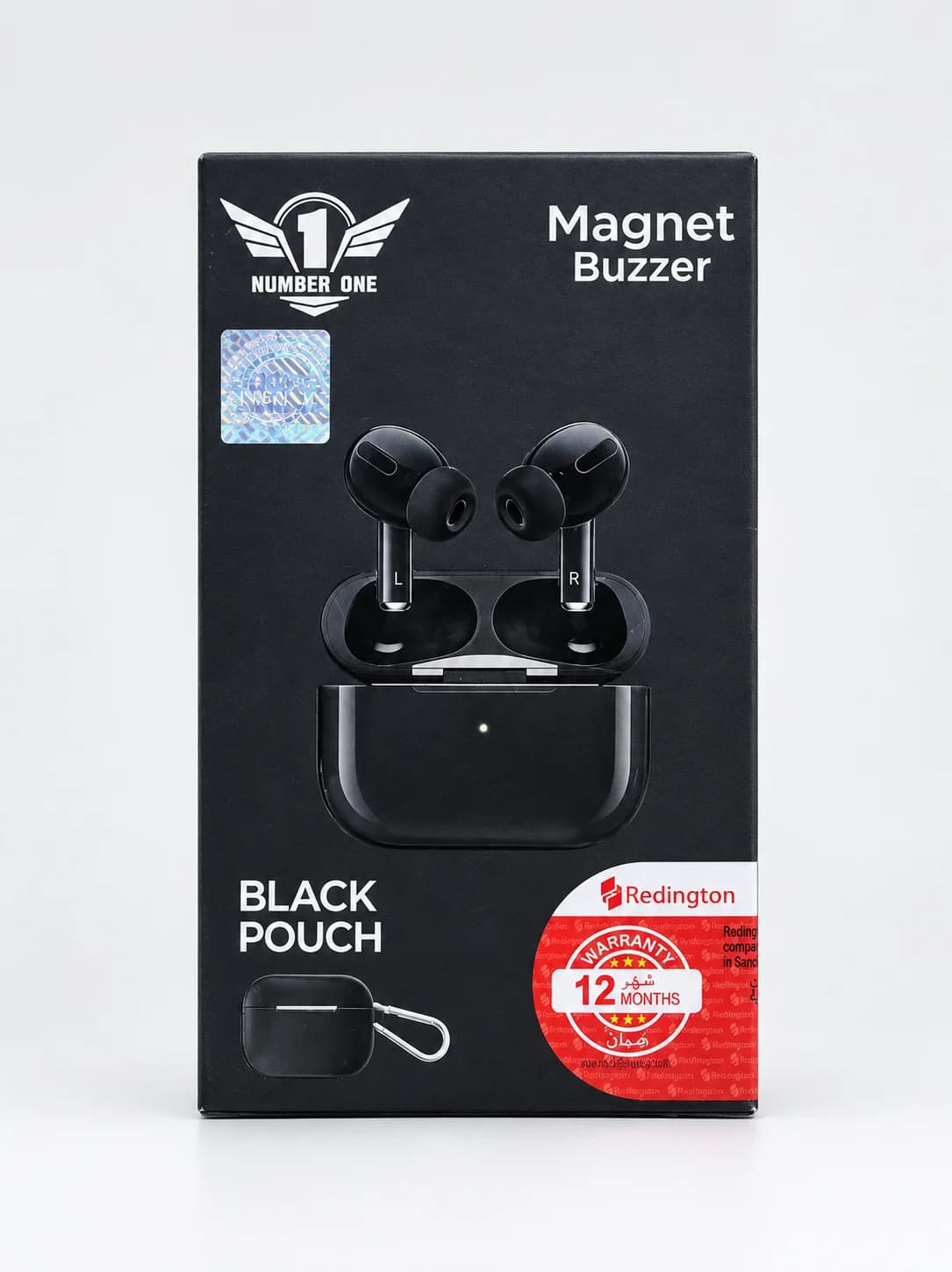 Number One Magnet Buzzer Wireless Earbuds β Black Pouch